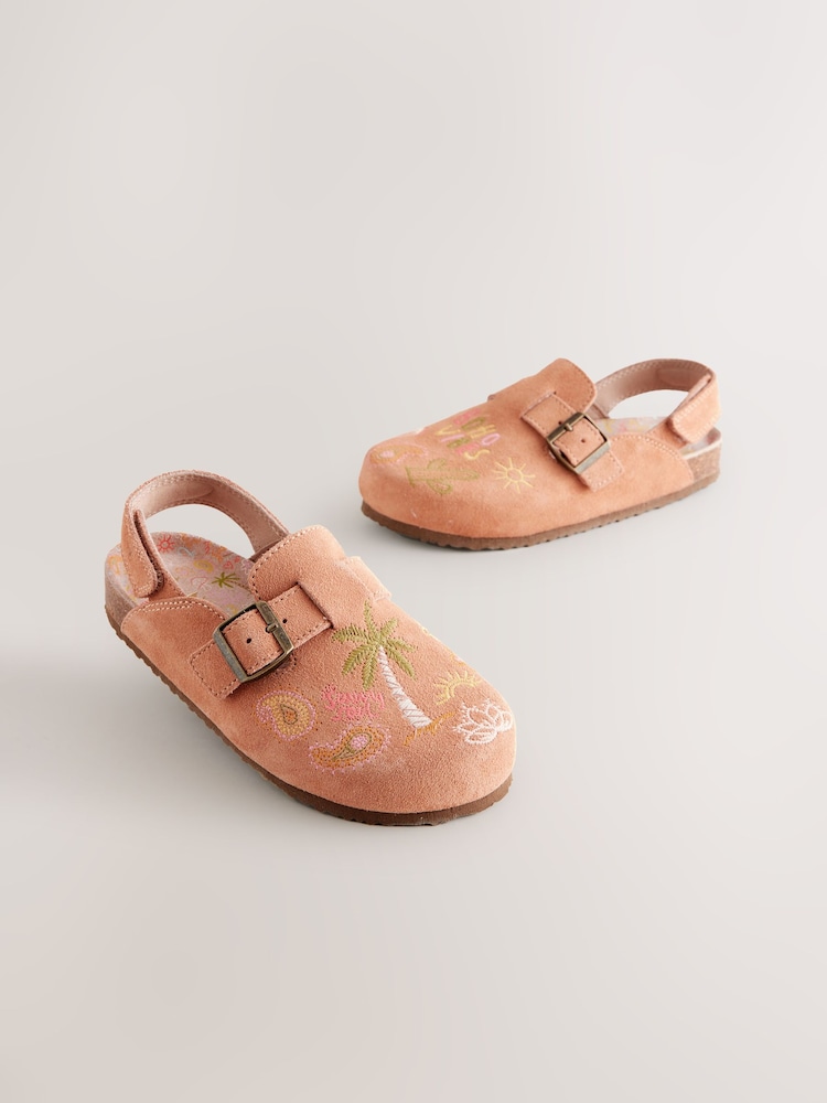 Tan Brown Embroidered Suede Slip-On Clogs - Image 1 of 5