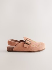 Tan Brown Embroidered Suede Slip-On Clogs - Image 2 of 5