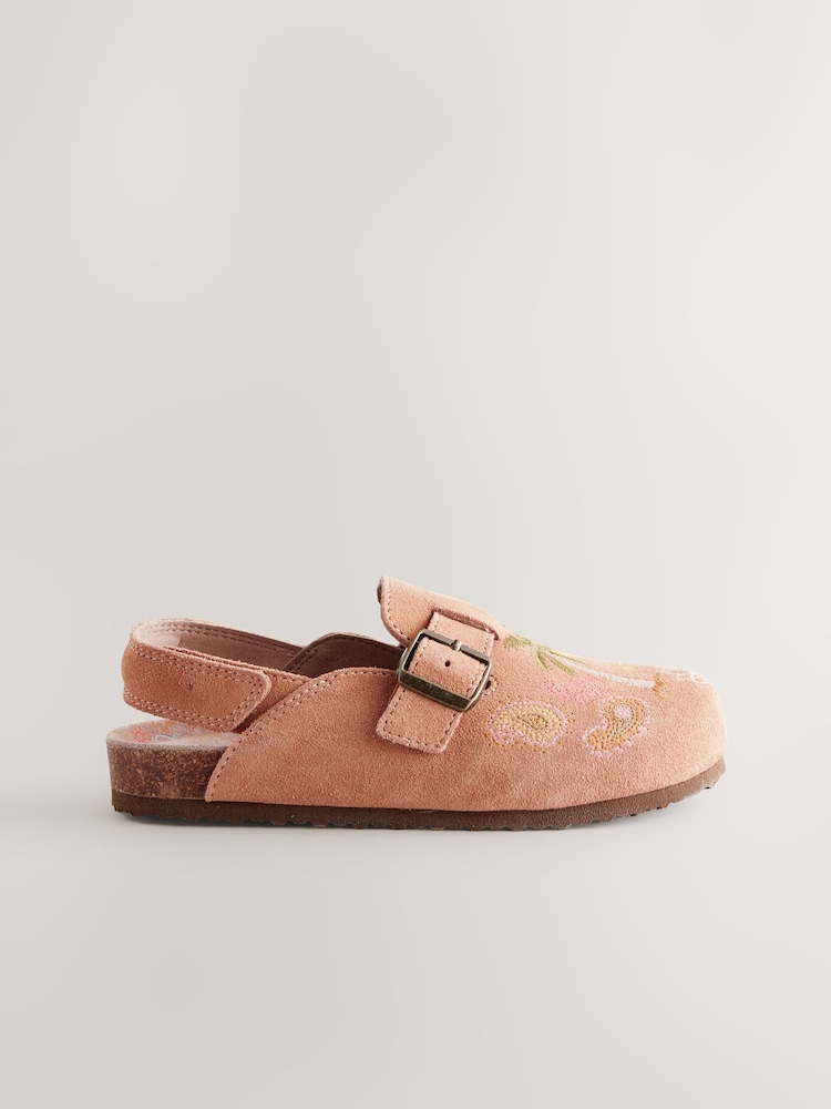 Tan Brown Embroidered Suede Slip-On Clogs - Image 2 of 5