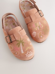 Tan Brown Embroidered Suede Slip-On Clogs - Image 3 of 5