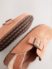 Tan Brown Embroidered Suede Slip-On Clogs - Image 4 of 5