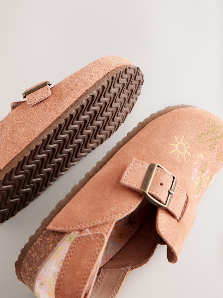 Tan Brown Embroidered Suede Slip-On Clogs - Image 4 of 5