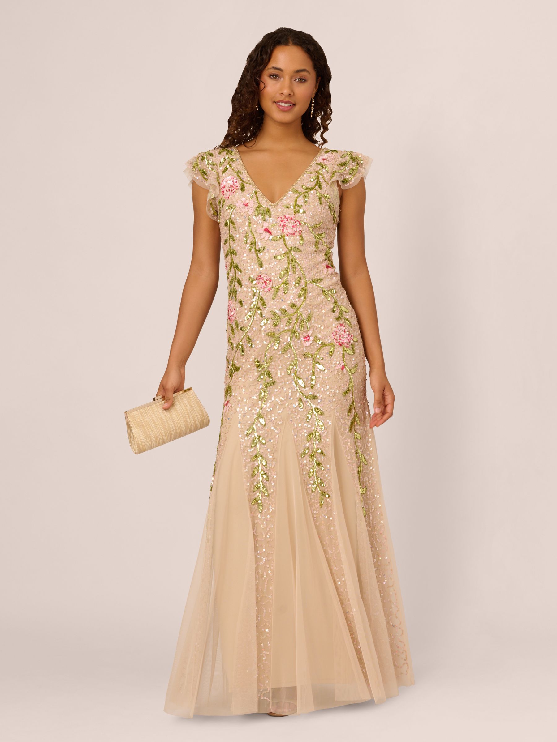 Buy Adrianna Papell Natural Beaded Mesh Flutter Dress from