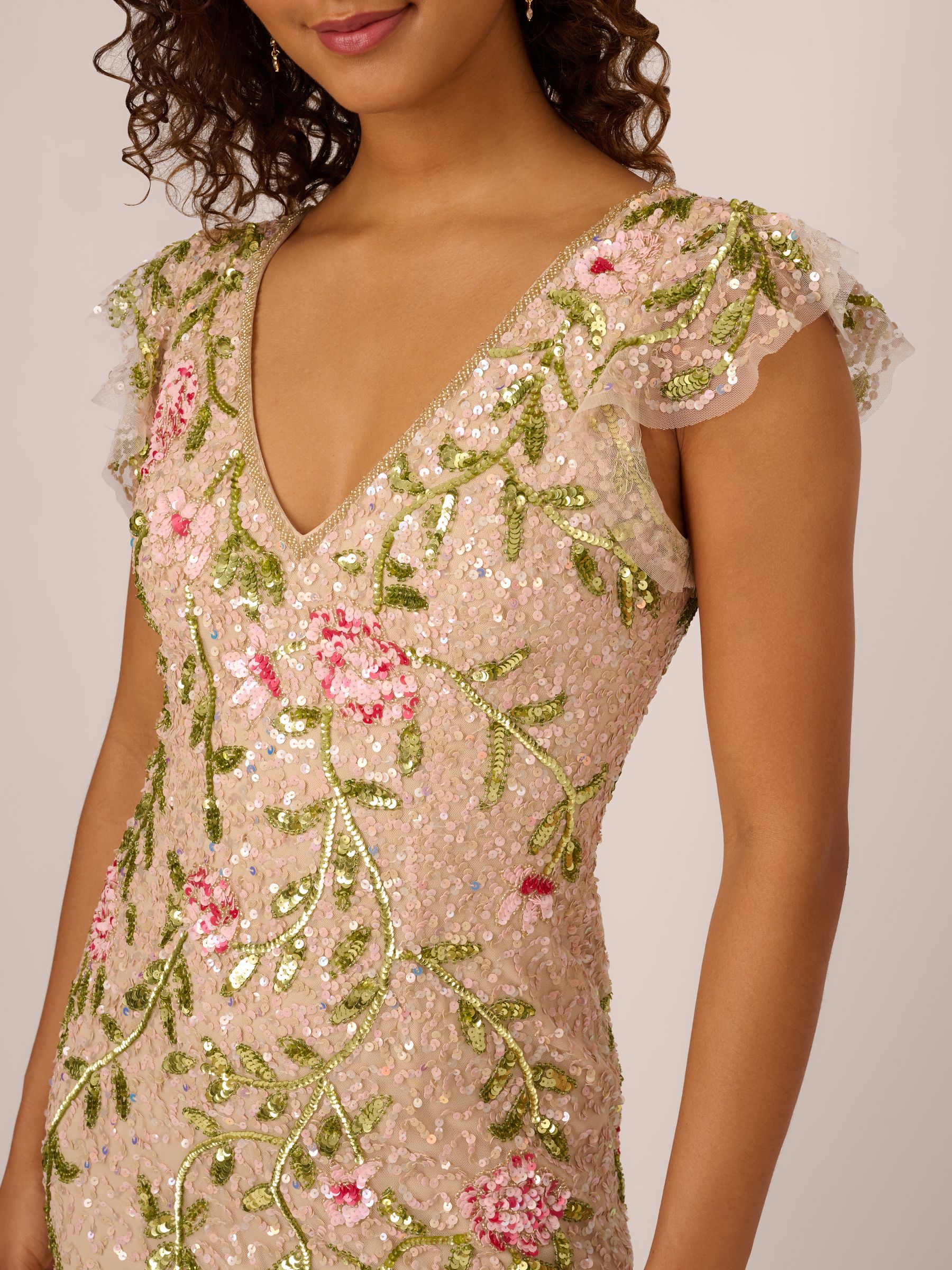 【海外限定】AdriannaPapell ドレス☆Floral Bead Mesh Midi Dre Adrianna by Adrianna Papell Embroidered Mesh Floral Print