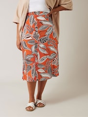 Evans Orange Printed Linen Blend Skirt - Image 1 of 5