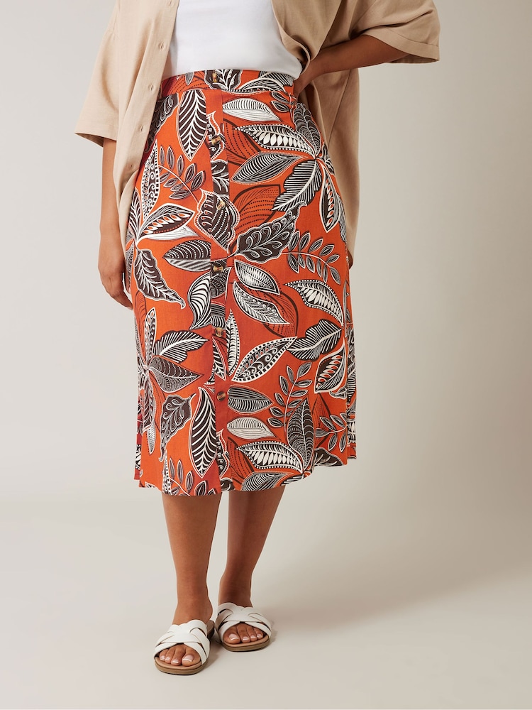 Evans Orange Printed Linen Blend Skirt - Image 1 of 5