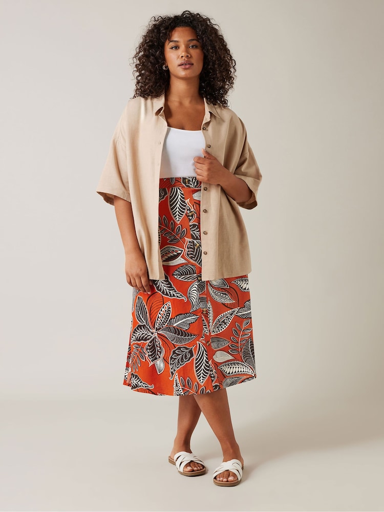 Evans Orange Printed Linen Blend Skirt - Image 2 of 5