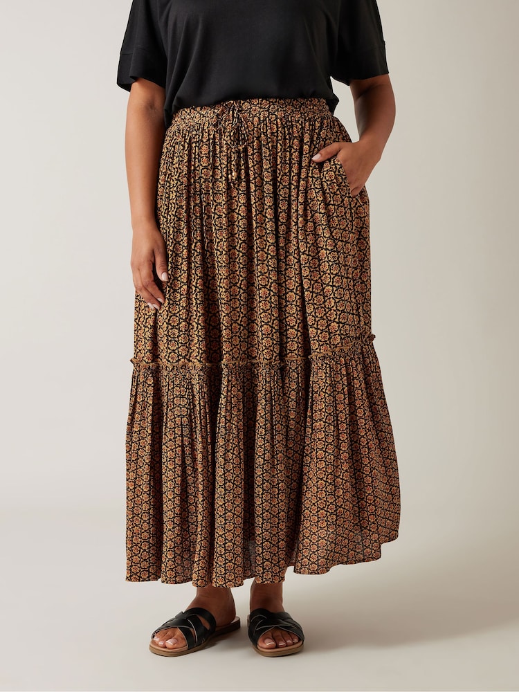 Evans Orange Floral Tie Crinkle Midi Skirt - Image 2 of 4