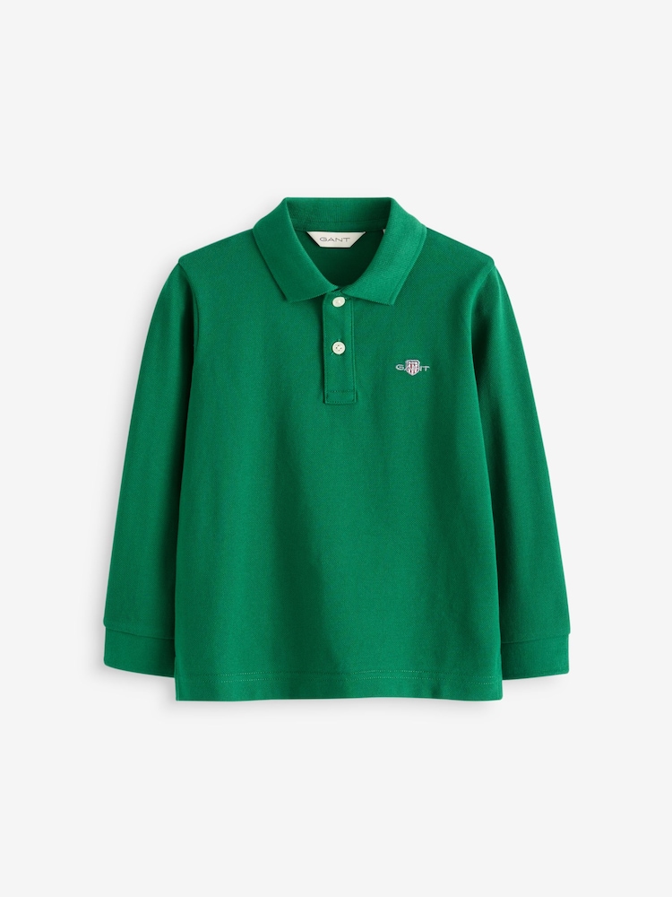 GANT Green Kids Shield Long Sleeve Piqué 100% Cotton Polo Shirt - Image 1 of 1