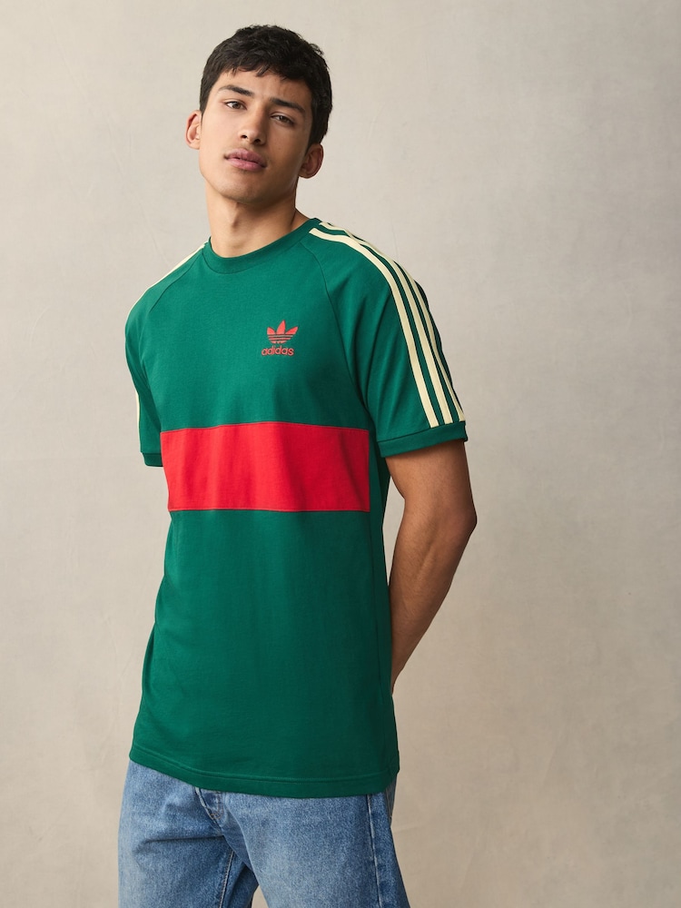 adidas Originals Green 3-Stripes Panel 100% Cotton T-Shirt - Image 1 of 4