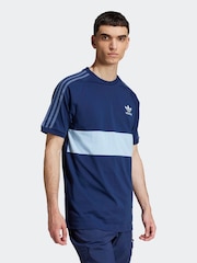 adidas Originals Blue 3-Stripes Panel 100% Cotton T-Shirt - Image 1 of 6