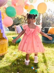 Coral Pink Embroidered Mesh Party Dress (3mths-8yrs) - Image 2 of 7