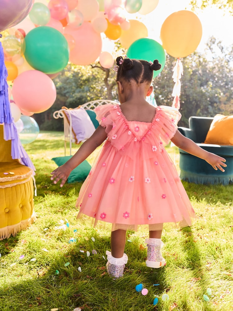 Coral Pink Embroidered Mesh Party Dress (3mths-8yrs) - Image 2 of 7