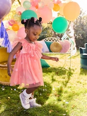 Coral Pink Embroidered Mesh Party Dress (3mths-8yrs) - Image 3 of 7
