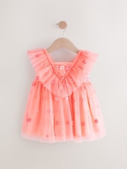 Coral Pink Embroidered Mesh Party Dress (3mths-8yrs) - Image 4 of 7