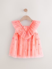 Coral Pink Embroidered Mesh Party Dress (3mths-8yrs) - Image 5 of 7