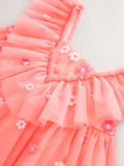 Coral Pink Embroidered Mesh Party Dress (3mths-8yrs) - Image 6 of 7