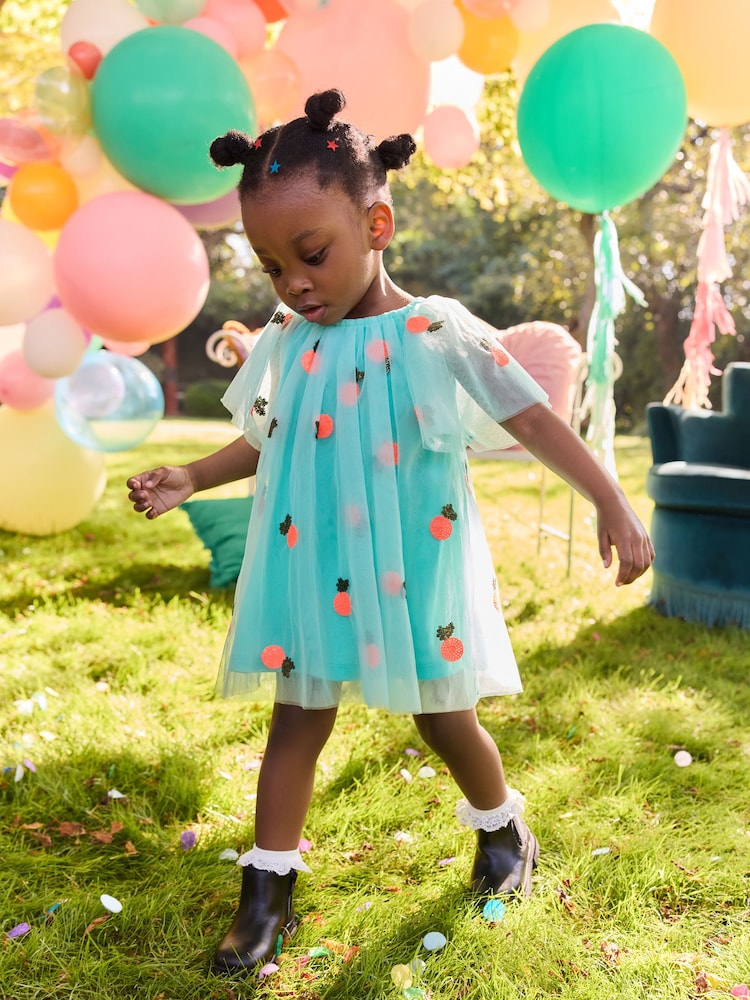 Aqua Blue Sequin Mesh Dress (3mths-8yrs) - Image 2 of 7
