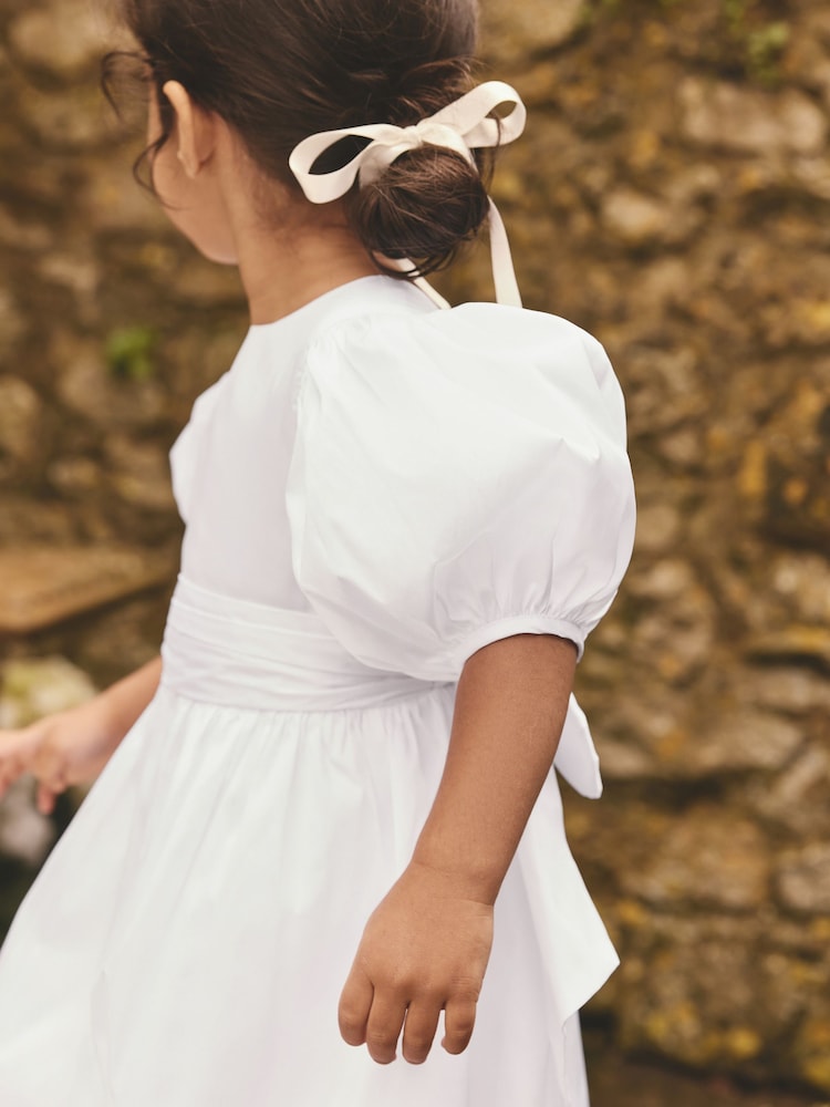 White Flower Girl Taffeta Bow Dress (3mths-8yrs) - Image 3 of 7