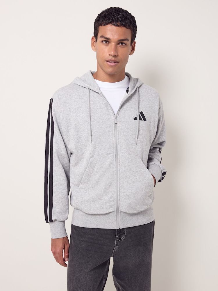 adidas Grey Essentials 3-Stripes French Terry Full Zip Hoodie - Image 1 of 6 adidas Grey Essentials 3-Stripes French Terry Full Zip Hoodie - Image 1 of 6