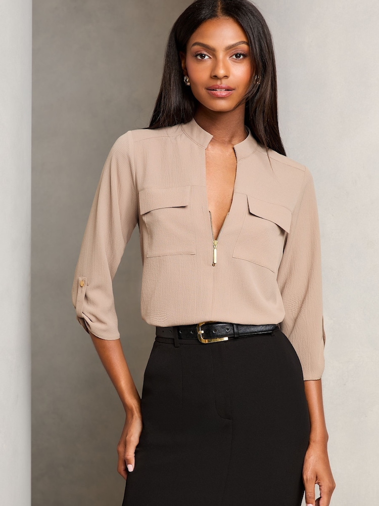 Lipsy Biege Zip Front Utility Pocket Blouse - Image 1 of 8