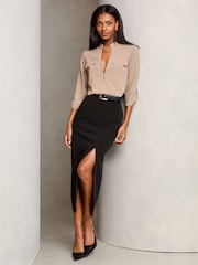 Lipsy Biege Zip Front Utility Pocket Blouse - Image 3 of 8