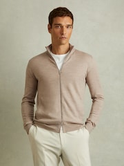 Reiss Wheat Melange Hampshire Merino Wool Zip-Through Funnel-Neck Cardigan - Image 1 of 5