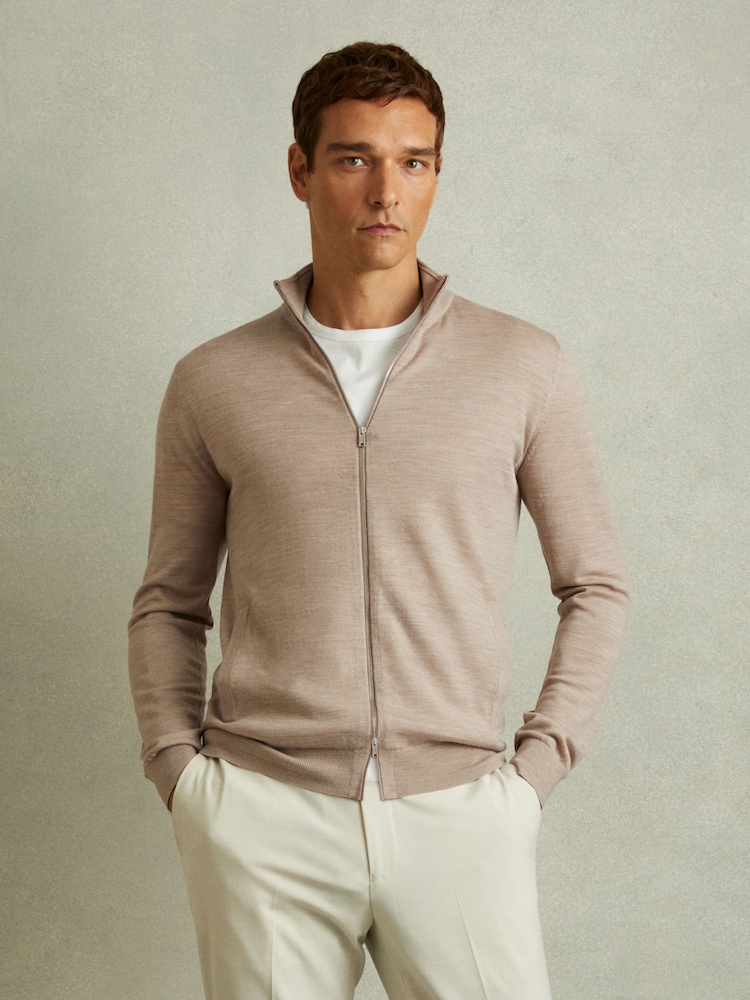 Reiss Wheat Melange Hampshire Merino Wool Zip-Through Funnel-Neck Cardigan - Image 1 of 5