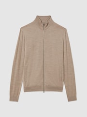 Reiss Wheat Melange Hampshire Merino Wool Zip-Through Funnel-Neck Cardigan - Image 2 of 5