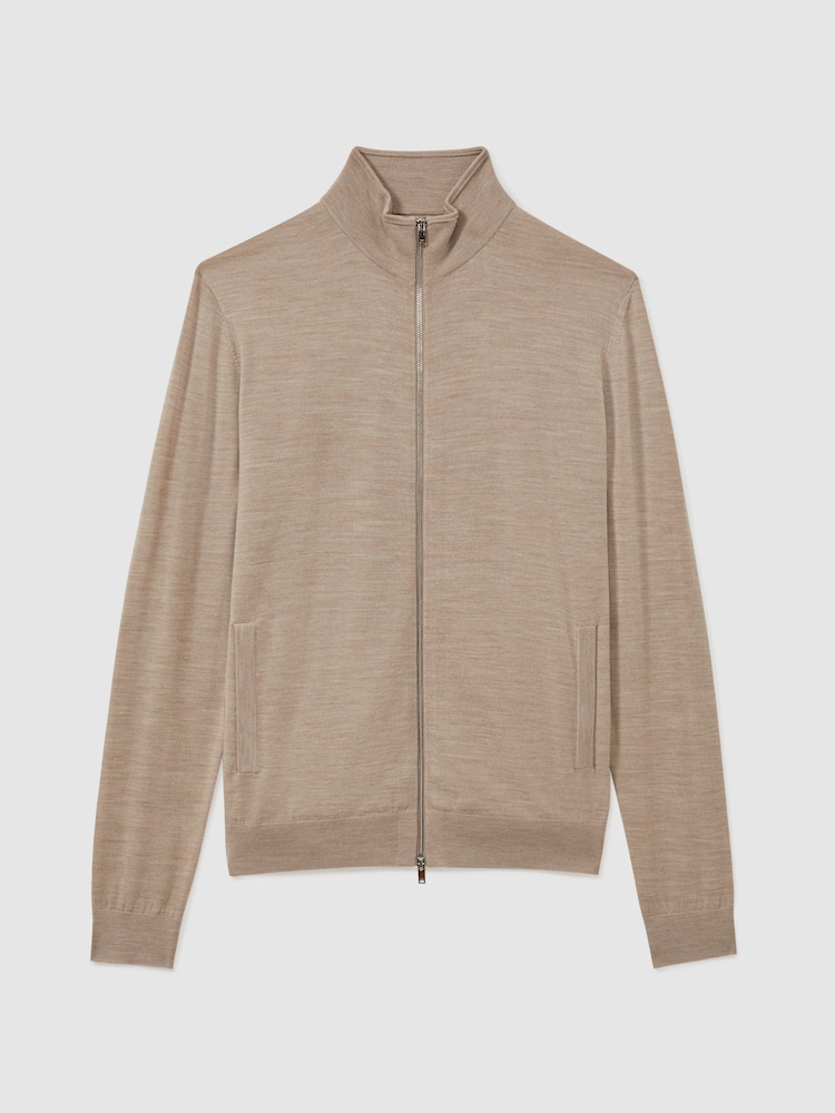 Reiss Wheat Melange Hampshire Merino Wool Zip-Through Funnel-Neck Cardigan - Image 2 of 5