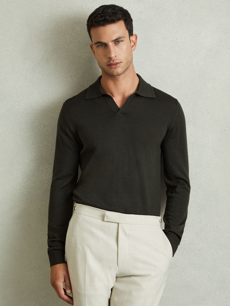 Reiss Dark Military Green Maxwell Merino Wool Half-Zip Polo Shirt - Image 1 of 5