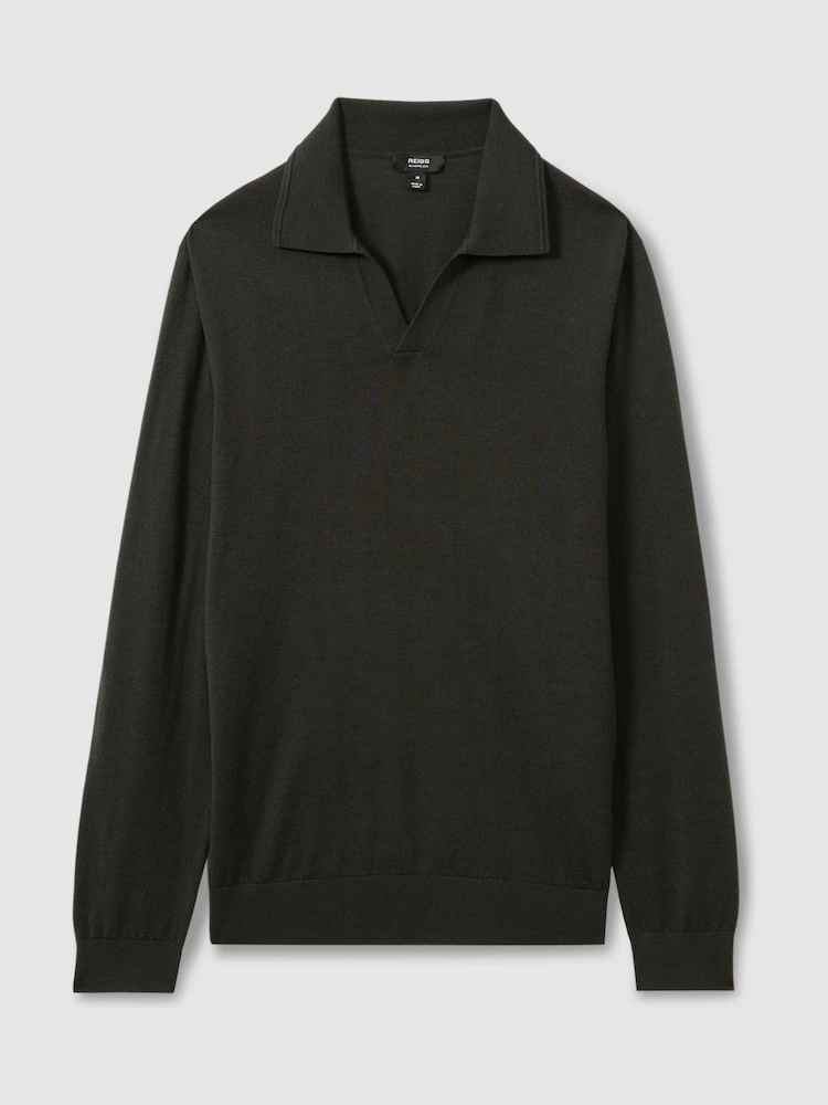 Reiss Dark Military Green Maxwell Merino Wool Half-Zip Polo Shirt - Image 2 of 5