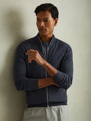 Reiss Dark Airforce Blue Melange Hampshire Merino Wool Zip-Through Funnel-Neck Cardigan - Image 1 of 6
