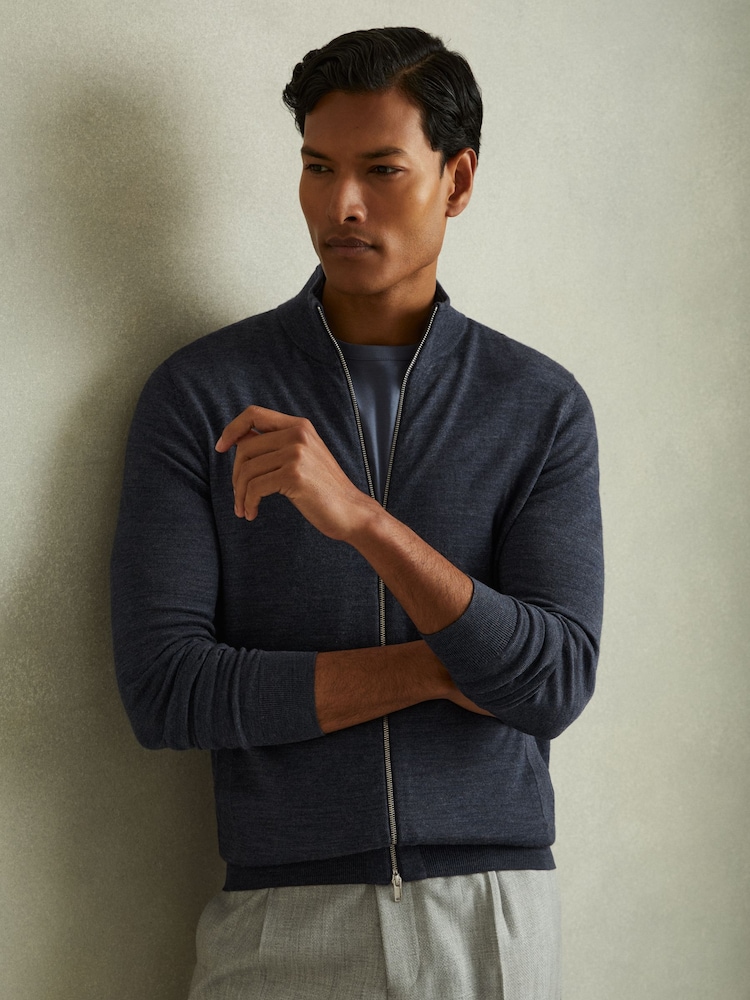 Reiss Dark Airforce Blue Melange Hampshire Merino Wool Zip-Through Funnel-Neck Cardigan - Image 1 of 6