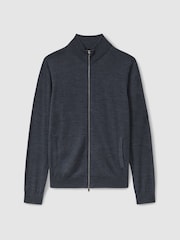 Reiss Dark Airforce Blue Melange Hampshire Merino Wool Zip-Through Funnel-Neck Cardigan - Image 2 of 6