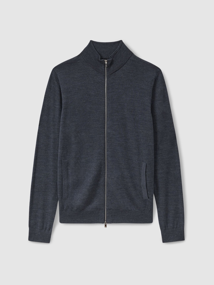 Reiss Dark Airforce Blue Melange Hampshire Merino Wool Zip-Through Funnel-Neck Cardigan - Image 2 of 6