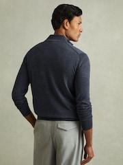 Reiss Dark Airforce Blue Melange Hampshire Merino Wool Zip-Through Funnel-Neck Cardigan - Image 4 of 6