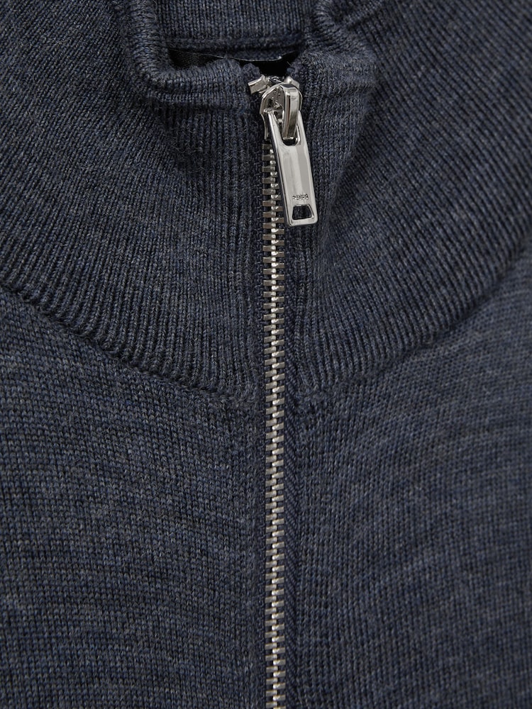 Reiss Dark Airforce Blue Melange Hampshire Merino Wool Zip-Through Funnel-Neck Cardigan - Image 6 of 6