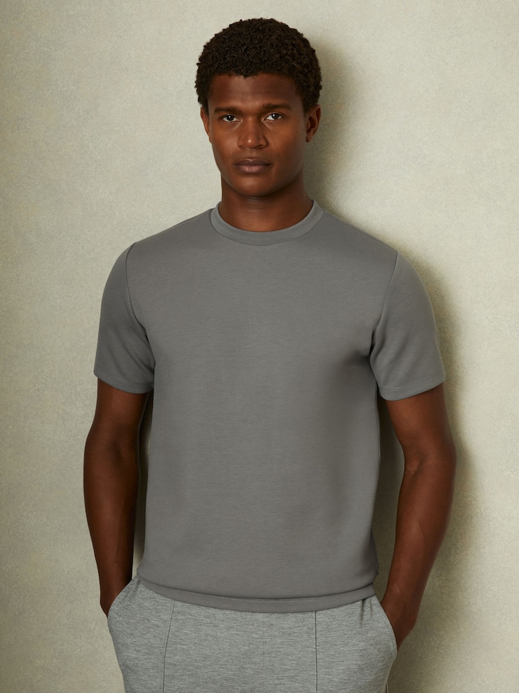 Reiss Flint Grey Bradley Interlock Jersey Crew Neck T-Shirt - Image 1 of 5