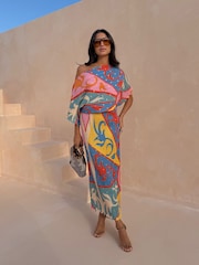 Never Fully Dressed Blue Petite Tilly Plisse Dress in Kaleidoscope Print - Image 1 of 2