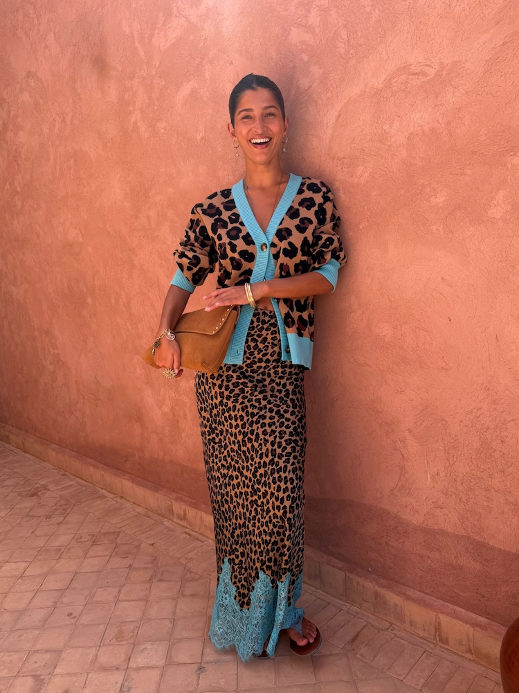 Never Fully Dressed Brown Lucia Leopard Maeva Skirt with Blue Lace - Image 1 of 5 Never Fully Dressed Brown Lucia Leopard Maeva Skirt with Blue Lace - Image 1 of 5