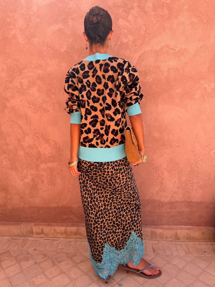 Never Fully Dressed Brown Lucia Leopard Maeva Skirt with Blue Lace - Image 2 of 5 Never Fully Dressed Brown Lucia Leopard Maeva Skirt with Blue Lace - Image 2 of 5