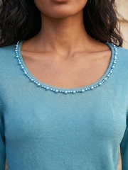 Roman Blue Square Neck Pearl Knit Blouse - Image 4 of 4