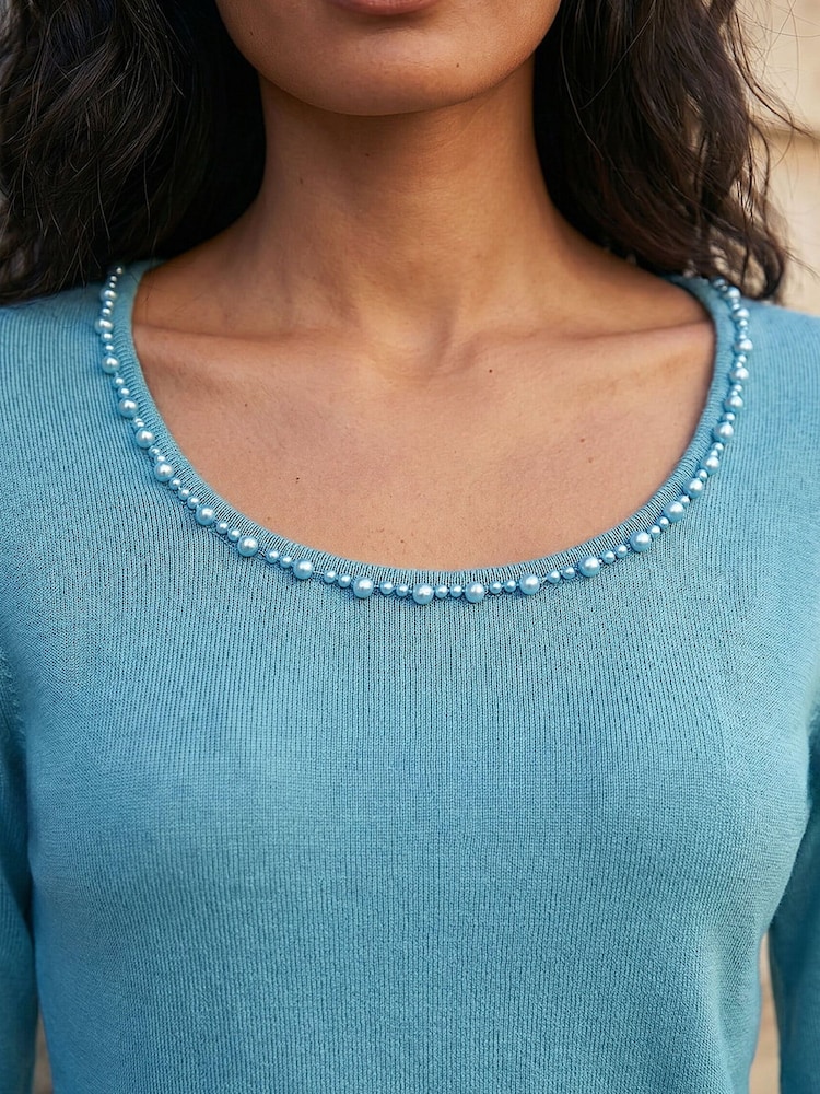 Roman Blue Square Neck Pearl Knit Blouse - Image 4 of 4 Roman Blue Square Neck Pearl Knit Blouse - Image 4 of 4