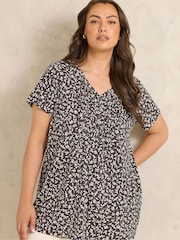 Evans Brown All Over Print Short Sleeve Henley Top - Image 1 of 5