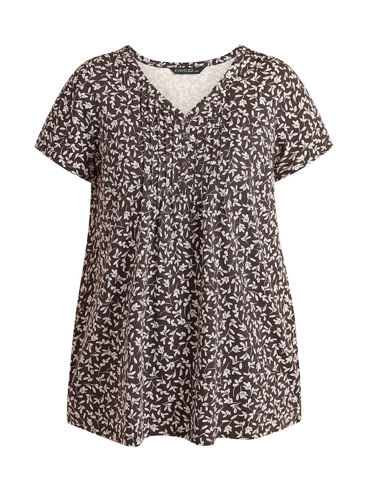 Evans Brown All Over Print Short Sleeve Henley Top - Image 5 of 5 Evans Brown All Over Print Short Sleeve Henley Top - Image 5 of 5