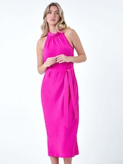 Dusk Pink Plain Woven Halterneck Midi Dress - Image 4 of 5