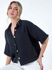 Dusk Blue 100% Cotton Relaxed Button Shirt - Image 4 of 5