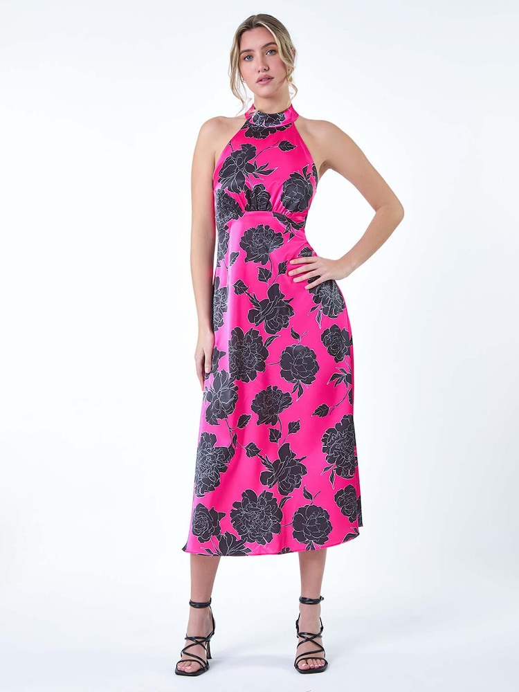 Dusk Pink Floral Satin Look Halterneck Midi Dress - Image 1 of 5