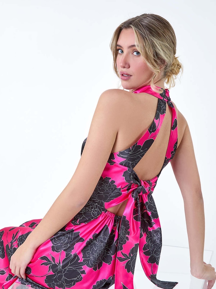 Dusk Pink Floral Satin Look Halterneck Midi Dress - Image 2 of 5